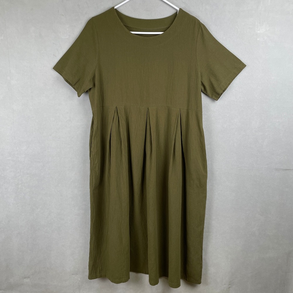 Olive Green Empire Waist Pleated Peasant Cottage Midi Dress Pockets S/S Lagen M